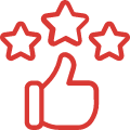 An icon of a thumbs-up with three stars above, symbolizing customer satisfaction or quality rating.