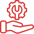 An icon of a hand holding a gear, representing technical support or service.