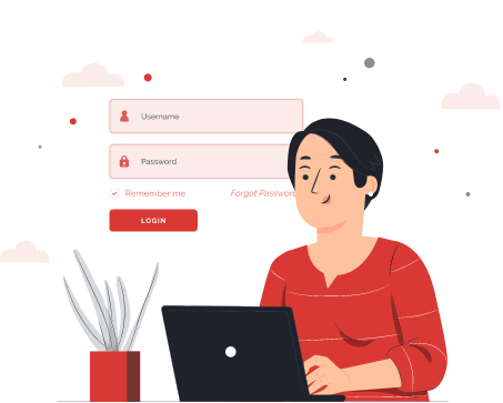 An illustration of a person sitting at a laptop with a login screen showing fields for username and password.