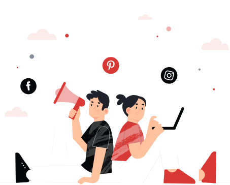 An illustration of two people sitting back-to-back, one with a megaphone and the other with a laptop, with social media icons above them.