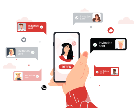 An illustration of a hand holding a smartphone displaying a profile with the word "REFER," surrounded by invitation notifications.