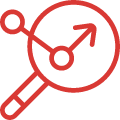 An icon of a magnifying glass with an upward arrow, symbolizing data analysis or growth.